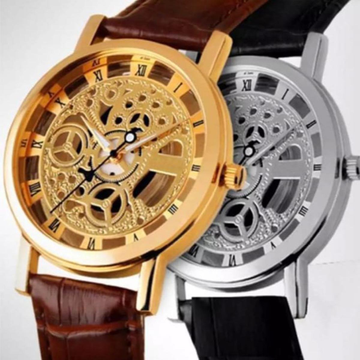 Double Sided Glass Transparent Skeleton Gold Watch